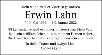 Traueranzeige von Erwin Lahn von Lübecker Nachrichten