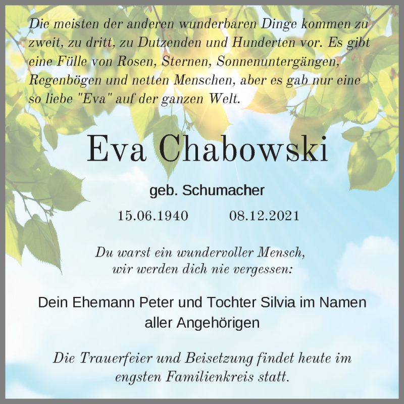  Traueranzeige für Eva Chabowski vom 18.01.2022 aus Leipziger Volkszeitung