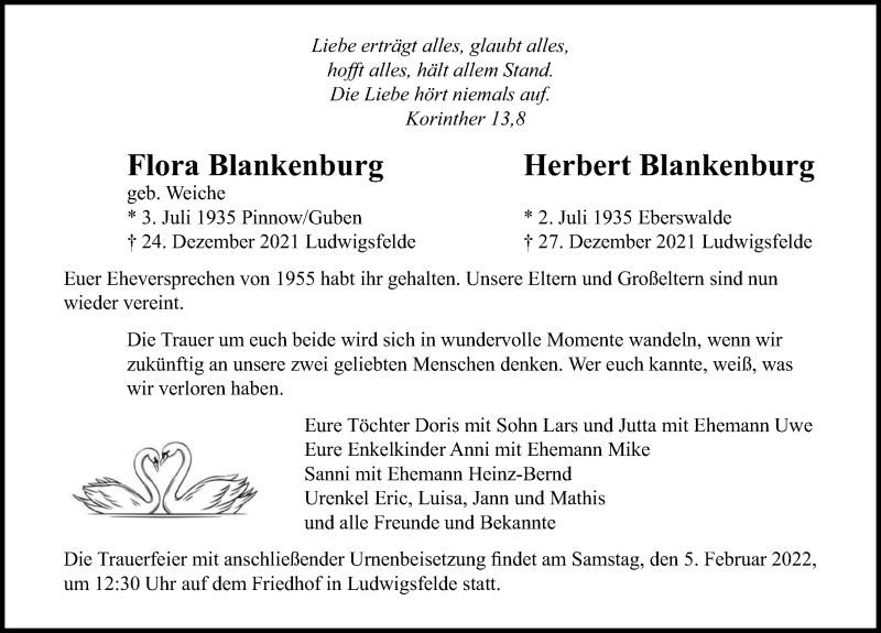  Traueranzeige für Flora Blankenburg vom 08.01.2022 aus Märkischen Allgemeine Zeitung
