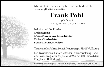 Traueranzeige von Frank Pohl von Aller Zeitung