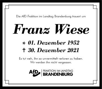 Traueranzeige von Franz Wiese von Märkischen Allgemeine Zeitung