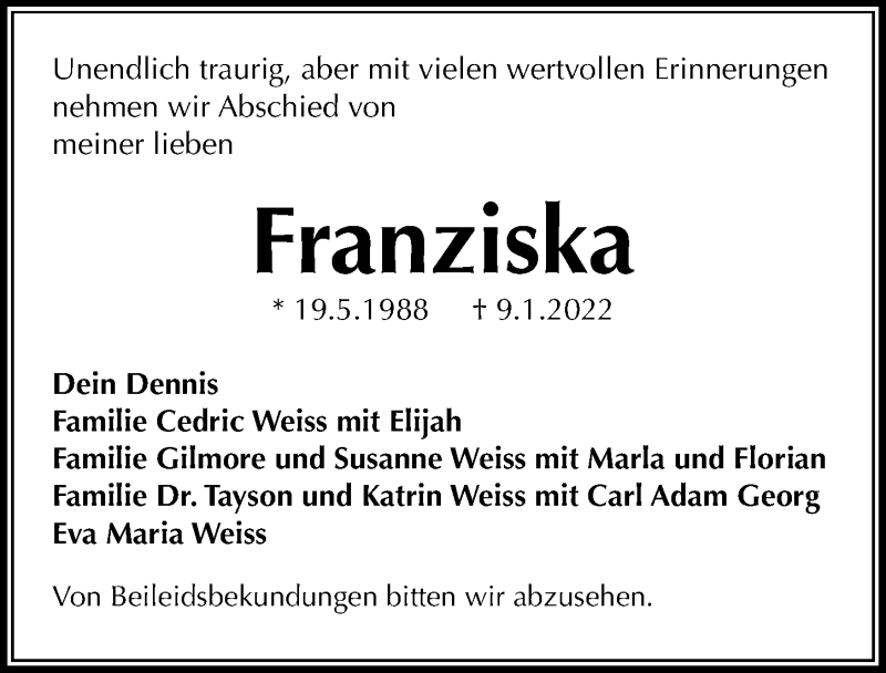  Traueranzeige für Franziska Frese vom 22.01.2022 aus Göttinger Tageblatt