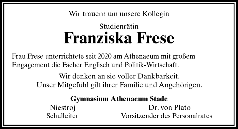  Traueranzeige für Franziska Frese vom 22.01.2022 aus Göttinger Tageblatt