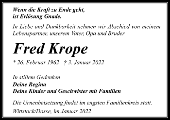 Traueranzeige von Fred Krope von Märkischen Allgemeine Zeitung