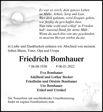 Traueranzeige von Friedrich Bomhauer von Ostsee-Zeitung GmbH