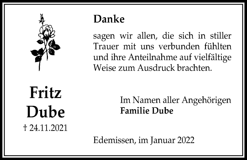  Traueranzeige für Fritz Dube vom 08.01.2022 aus Peiner Allgemeine Zeitung