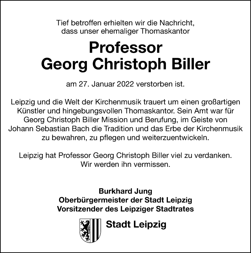  Traueranzeige für Georg Christoph Biller vom 29.01.2022 aus Leipziger Volkszeitung