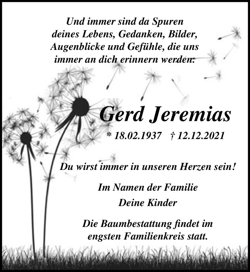  Traueranzeige für Gerd Jeremias vom 18.12.2021 aus Märkischen Allgemeine Zeitung