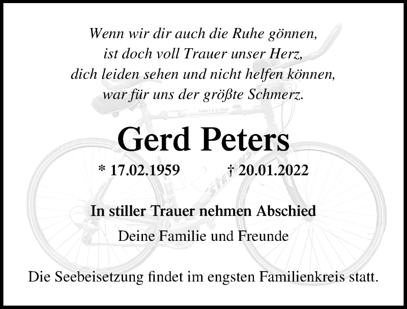  Traueranzeige für Gerd Peters vom 29.01.2022 aus Ostsee-Zeitung GmbH