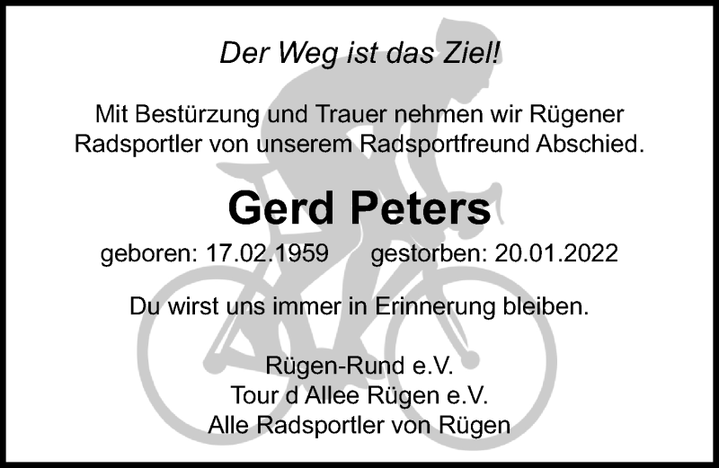  Traueranzeige für Gerd Peters vom 22.01.2022 aus Ostsee-Zeitung GmbH