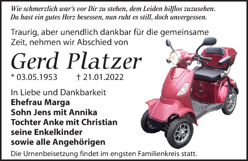  Traueranzeige für Gerd Platzer vom 29.01.2022 aus Leipziger Volkszeitung