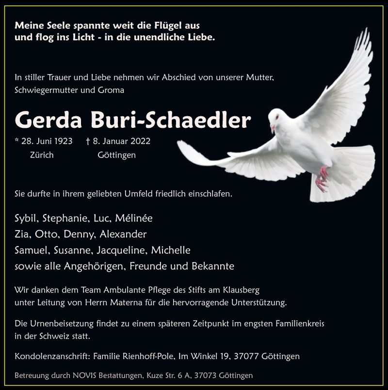  Traueranzeige für Gerda Buri-Schaedler vom 15.01.2022 aus Göttinger Tageblatt