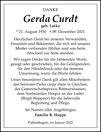 Traueranzeige von Gerda Curdt von Göttinger Tageblatt