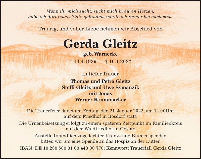  Traueranzeige für Gerda Gleitz vom 18.01.2022 aus Göttinger Tageblatt