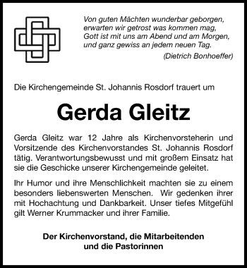 Traueranzeige von Gerda Gleitz von Göttinger Tageblatt