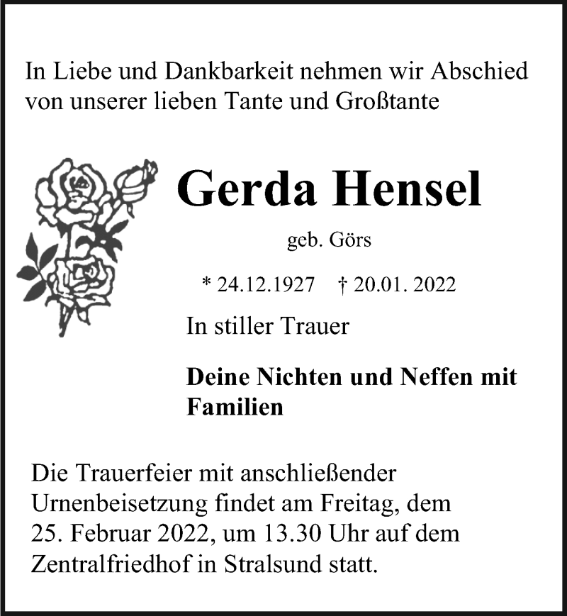  Traueranzeige für Gerda Hensel vom 22.01.2022 aus Ostsee-Zeitung GmbH