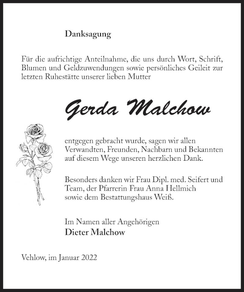  Traueranzeige für Gerda Malchow vom 29.01.2022 aus Märkischen Allgemeine Zeitung