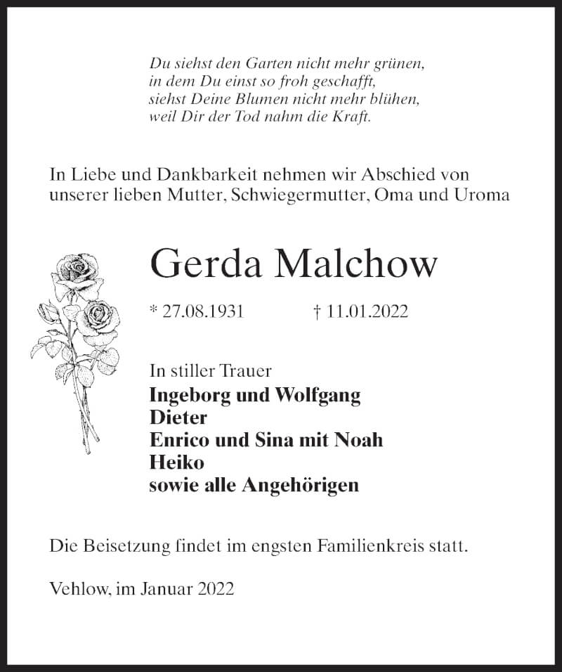  Traueranzeige für Gerda Malchow vom 15.01.2022 aus Märkischen Allgemeine Zeitung