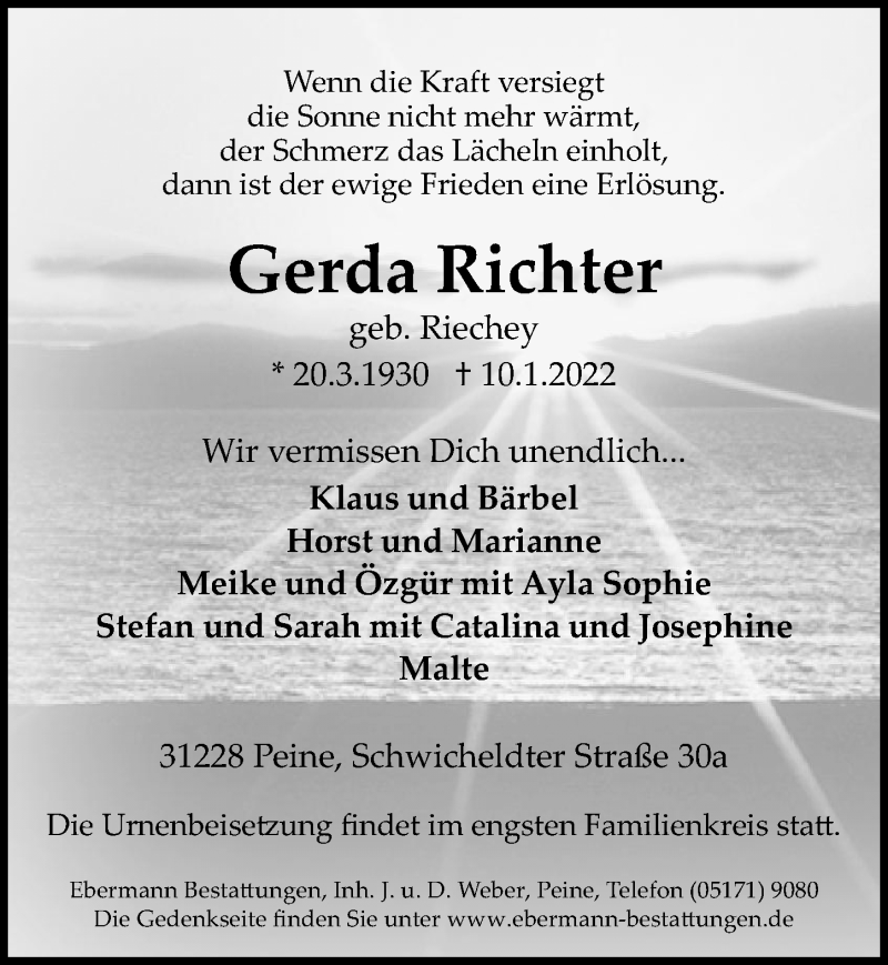  Traueranzeige für Gerda Richter vom 14.01.2022 aus Peiner Allgemeine Zeitung
