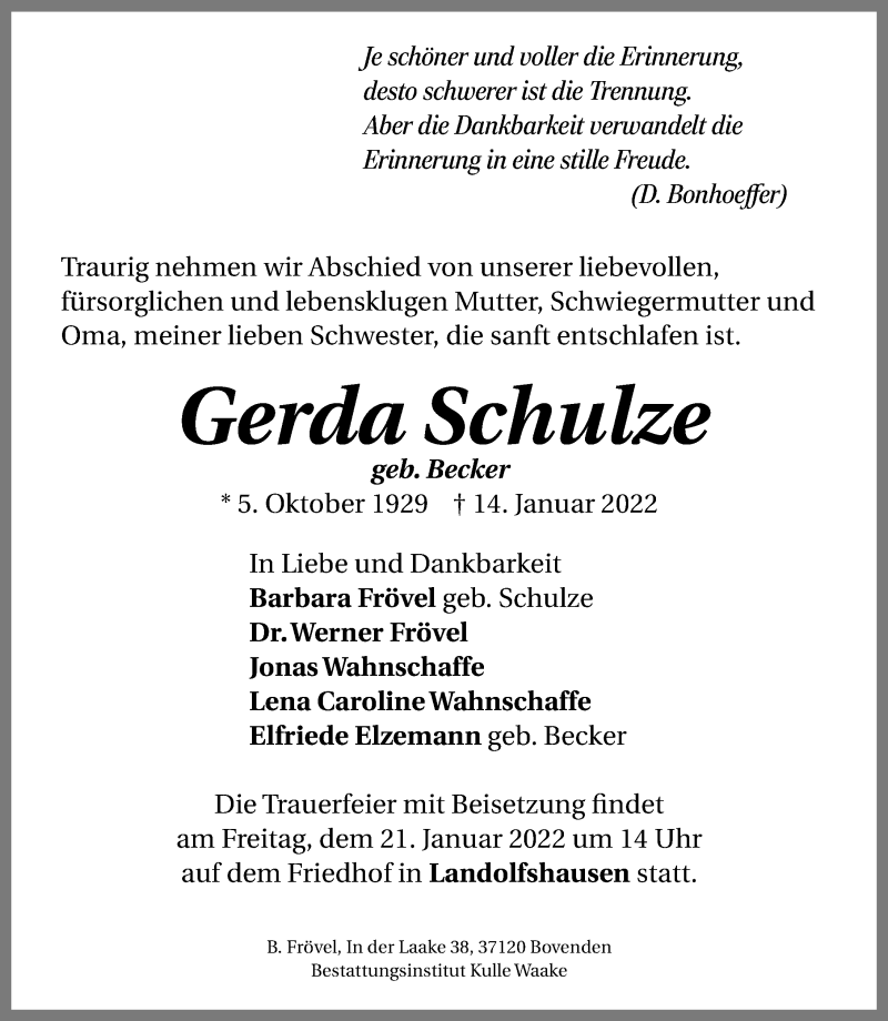  Traueranzeige für Gerda Schulze vom 15.01.2022 aus Göttinger Tageblatt