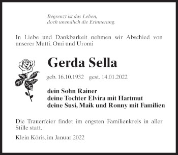 Traueranzeige von Gerda Sella von Märkischen Allgemeine Zeitung