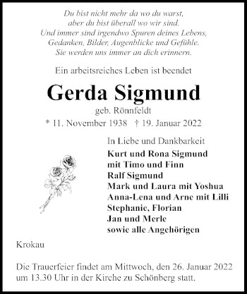 Traueranzeige von Gerda Sigmund von Kieler Nachrichten