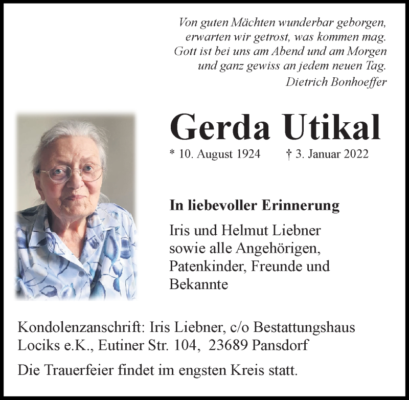  Traueranzeige für Gerda Utikal vom 09.01.2022 aus Lübecker Nachrichten
