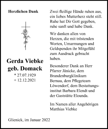 Traueranzeige von Gerda Viebke von Märkischen Allgemeine Zeitung