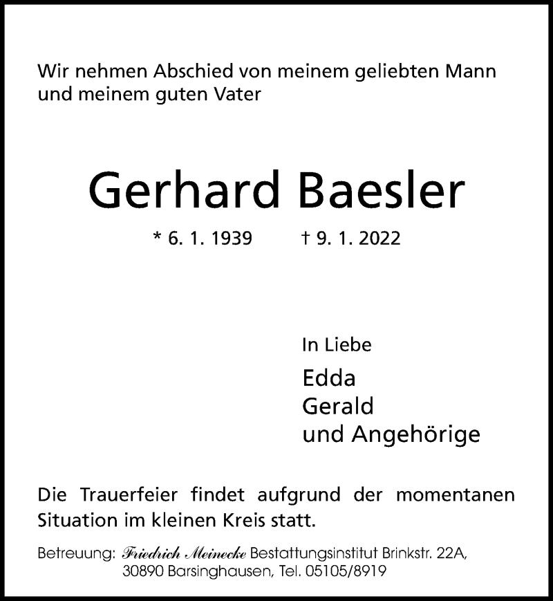  Traueranzeige für Gerhard Baesler vom 12.01.2022 aus Hannoversche Allgemeine Zeitung/Neue Presse