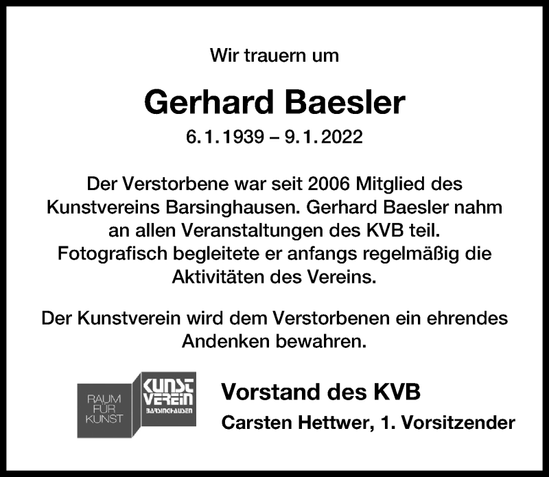  Traueranzeige für Gerhard Baesler vom 19.01.2022 aus Hannoversche Allgemeine Zeitung/Neue Presse