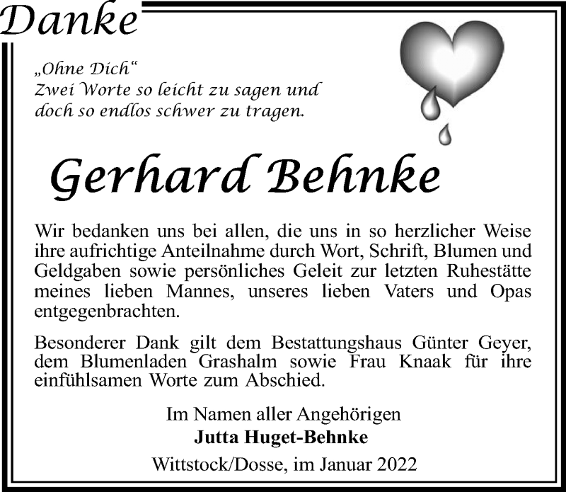  Traueranzeige für Gerhard Behnke vom 22.01.2022 aus Märkischen Allgemeine Zeitung