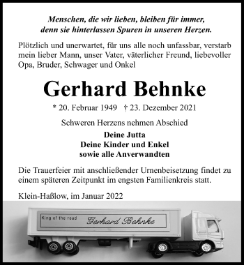 Traueranzeige von Gerhard Behnke von Märkischen Allgemeine Zeitung