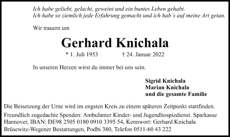 Traueranzeige für Gerhard Knichala vom 29.01.2022 aus Hannoversche Allgemeine Zeitung/Neue Presse