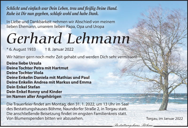  Traueranzeige für Gerhard Lehmann vom 15.01.2022 aus Torgauer Zeitung