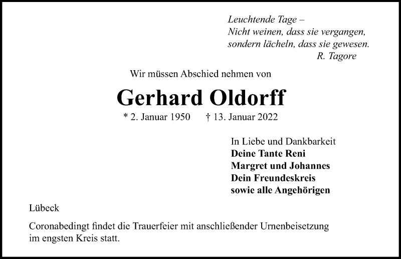  Traueranzeige für Gerhard Oldorff vom 30.01.2022 aus Lübecker Nachrichten