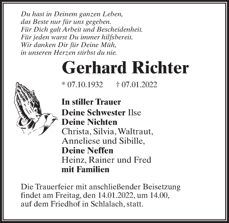  Traueranzeige für Gerhard Richter vom 14.01.2022 aus Märkischen Allgemeine Zeitung