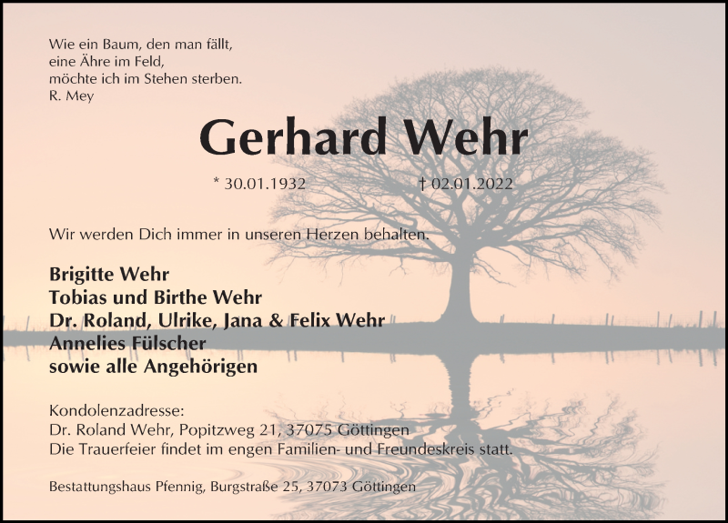  Traueranzeige für Gerhard Wehr vom 08.01.2022 aus Göttinger Tageblatt