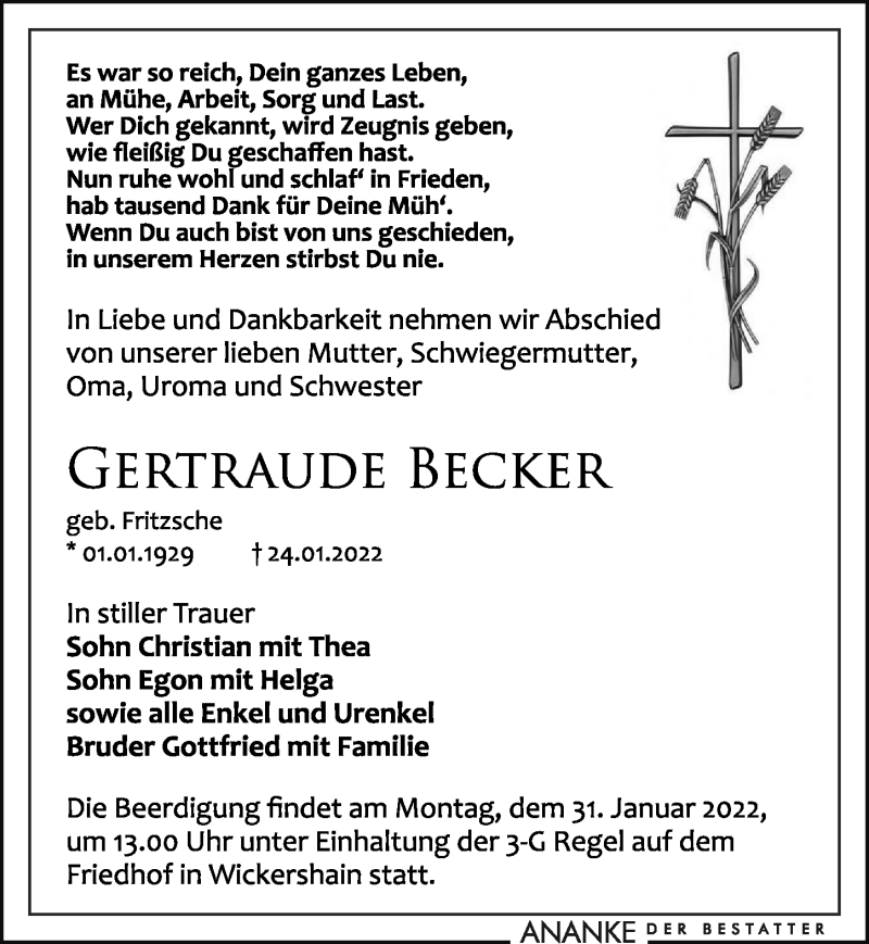  Traueranzeige für Gertraude Becker vom 28.01.2022 aus Leipziger Volkszeitung