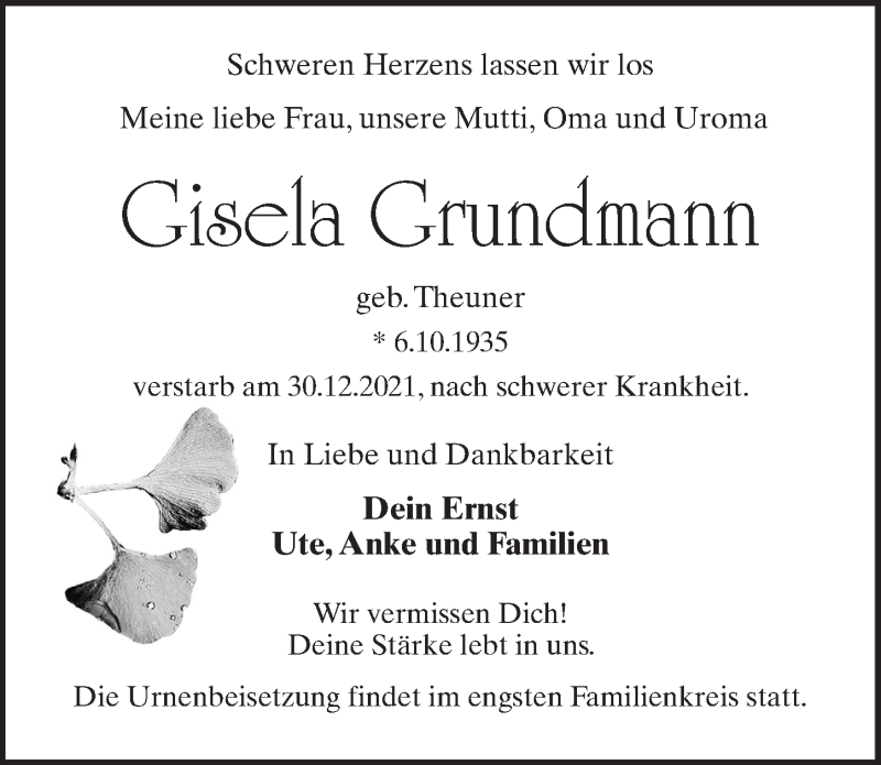  Traueranzeige für Gisela Grundmann vom 08.01.2022 aus Märkischen Allgemeine Zeitung
