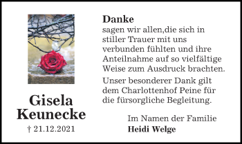 Traueranzeige von Gisela Keunecke von Peiner Allgemeine Zeitung