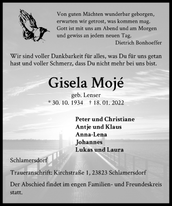 Traueranzeige von Gisela Mojé von Lübecker Nachrichten