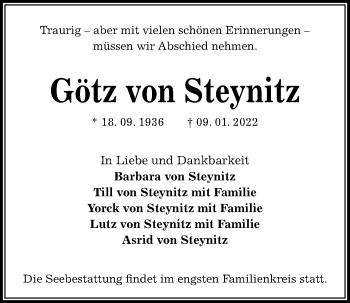 Traueranzeige von Götz von Steynitz von Kieler Nachrichten