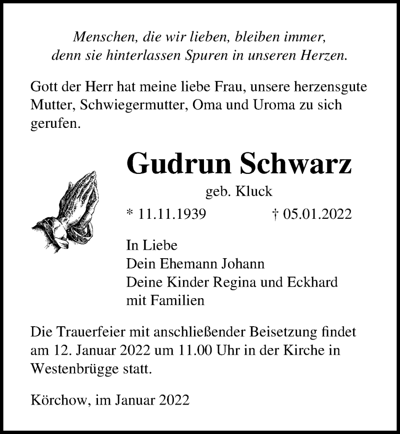  Traueranzeige für Gudrun Schwarz vom 08.01.2022 aus Ostsee-Zeitung GmbH