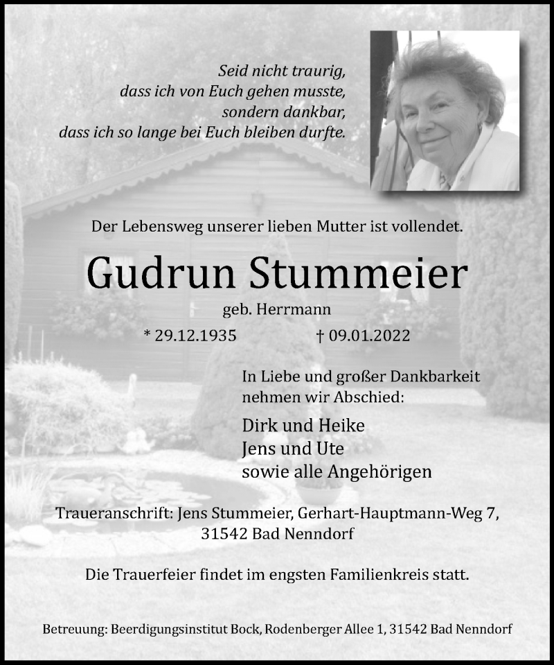  Traueranzeige für Gudrun Stummeier vom 15.01.2022 aus Schaumburger Nachrichten
