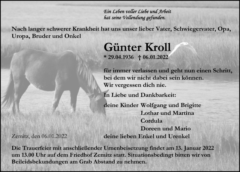  Traueranzeige für Günter Kroll vom 08.01.2022 aus Ostsee-Zeitung GmbH