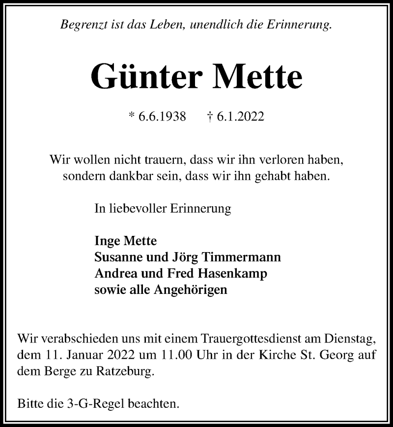  Traueranzeige für Günter Mette vom 09.01.2022 aus Lübecker Nachrichten
