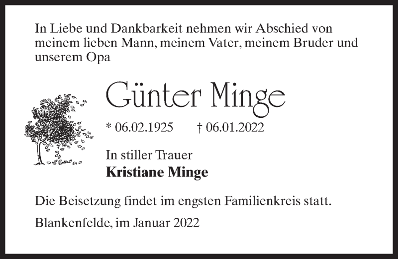  Traueranzeige für Günter Minge vom 12.01.2022 aus Märkischen Allgemeine Zeitung