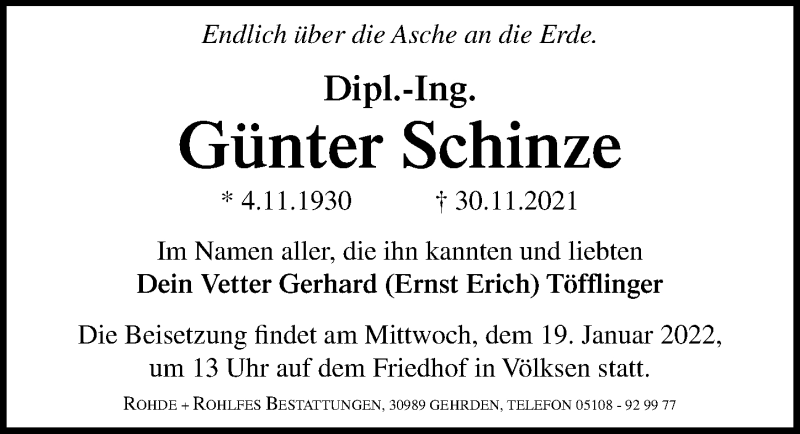  Traueranzeige für Günter Schinze vom 15.01.2022 aus Hannoversche Allgemeine Zeitung/Neue Presse