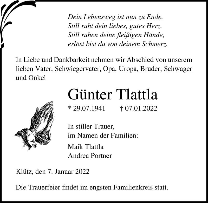  Traueranzeige für Günter Tlattla vom 13.01.2022 aus Ostsee-Zeitung GmbH