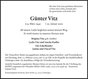 Traueranzeige von Günter Vitz von Göttinger Tageblatt